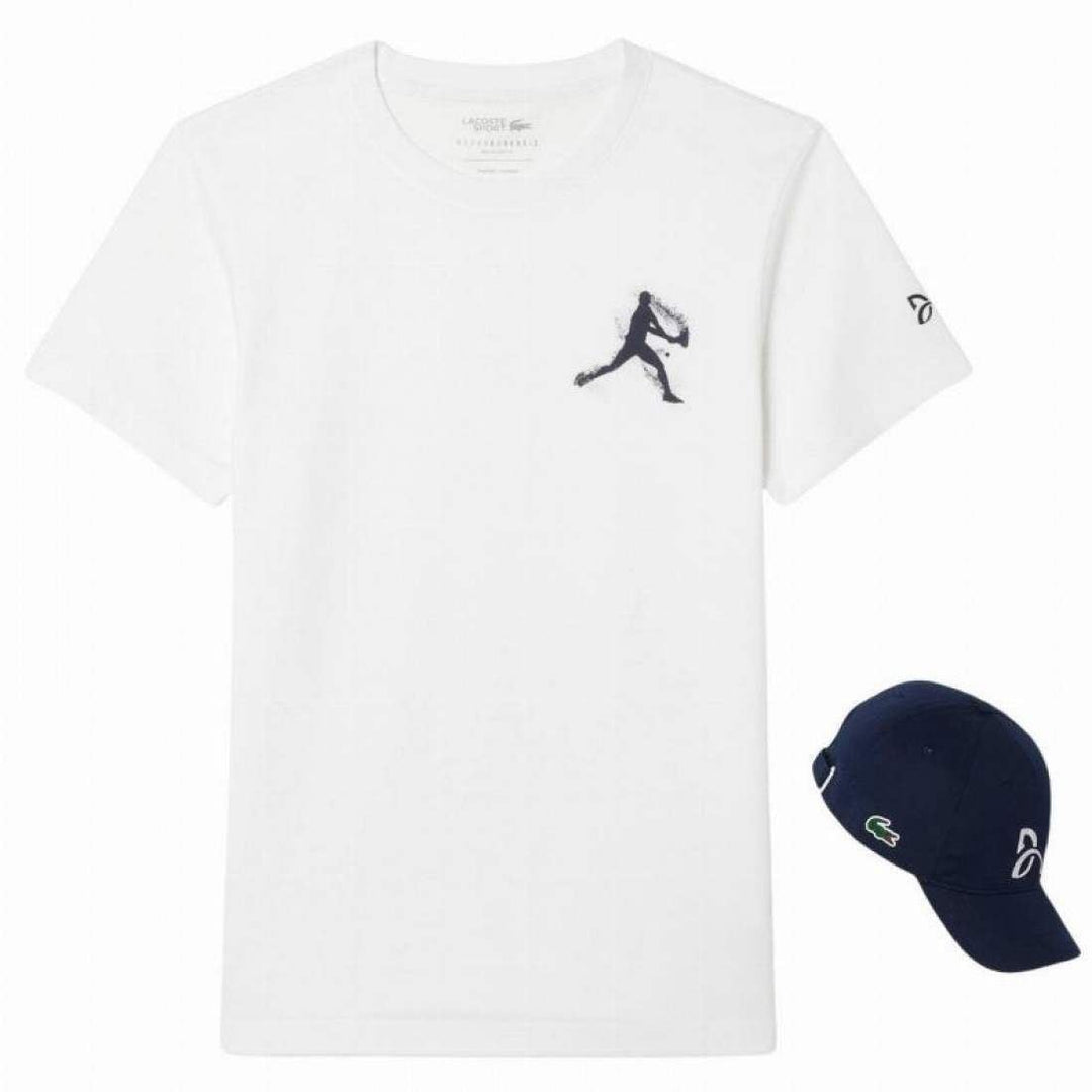 Pack Camiseta Lacoste Novak Djokovic Blanco y Gorra Marino
