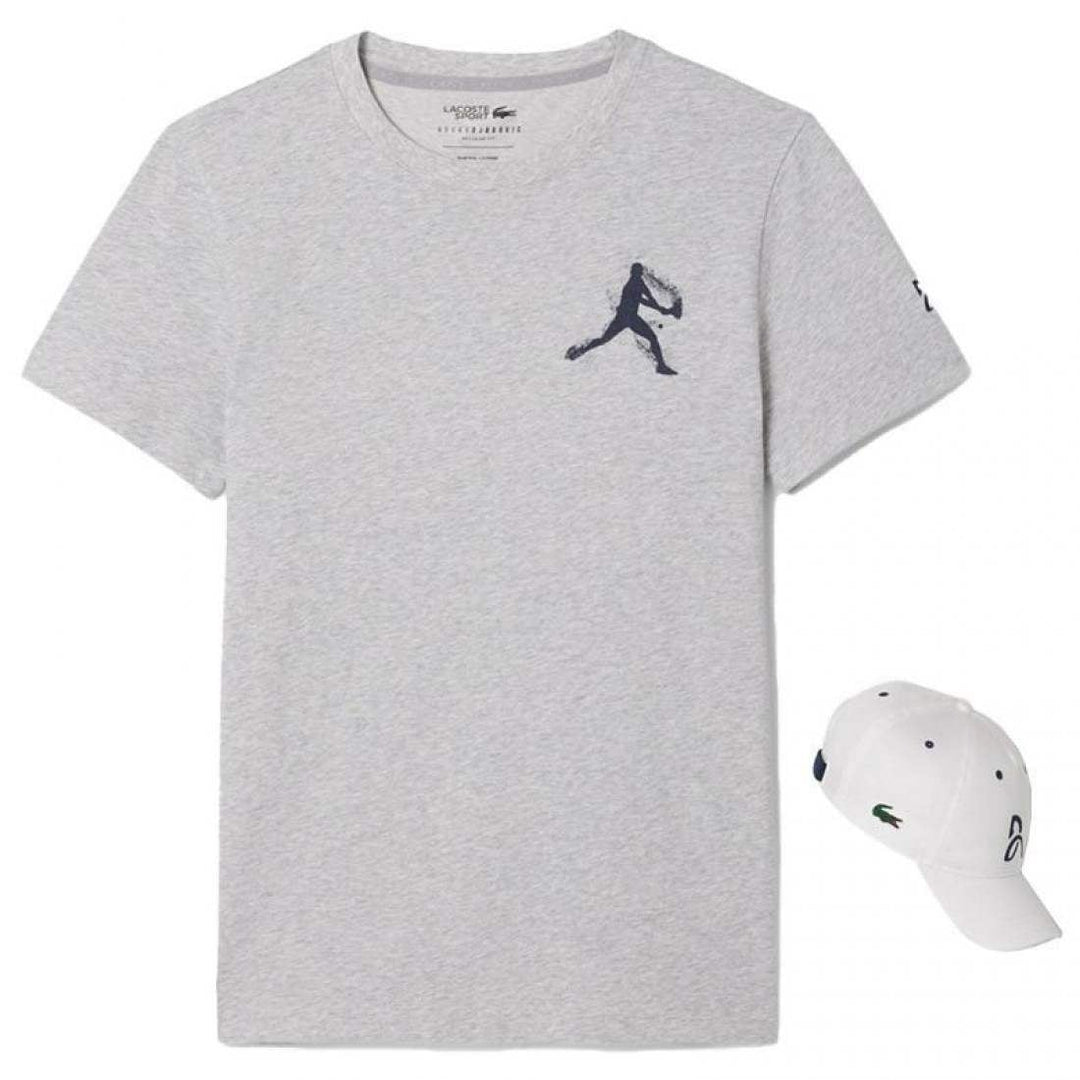 Pack Camiseta Lacoste Novak Djokovic Gris y Gorra Blanco
